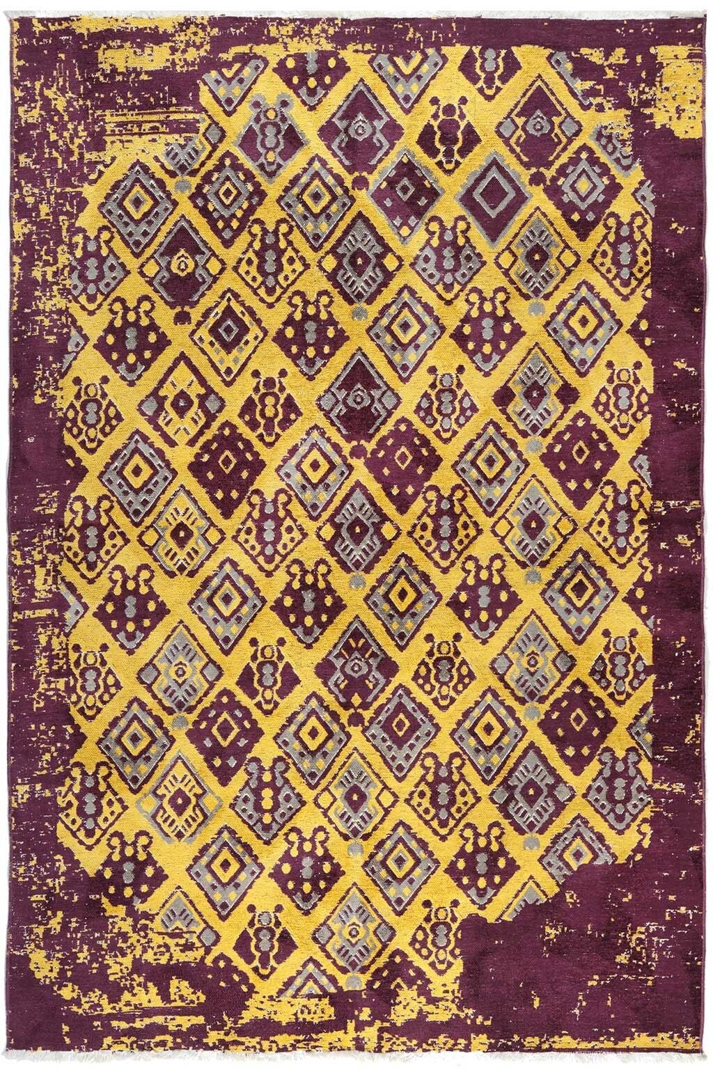 Lina Çift Taraflı %100 Pamuk Kilim Modern Yıkanabilir Şönil Kilim 015-D Mor Sarı Koridor Mutfak Salon Şönil Halı Çift Taraflı Yolluk