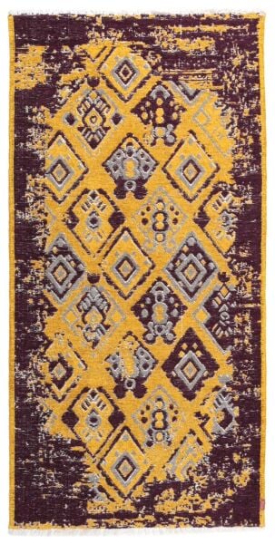 Lina Çift Taraflı %100 Pamuk Kilim Modern Yıkanabilir Şönil Kilim 015-D Mor Sarı Koridor Mutfak Salon Şönil Halı Çift Taraflı Yolluk