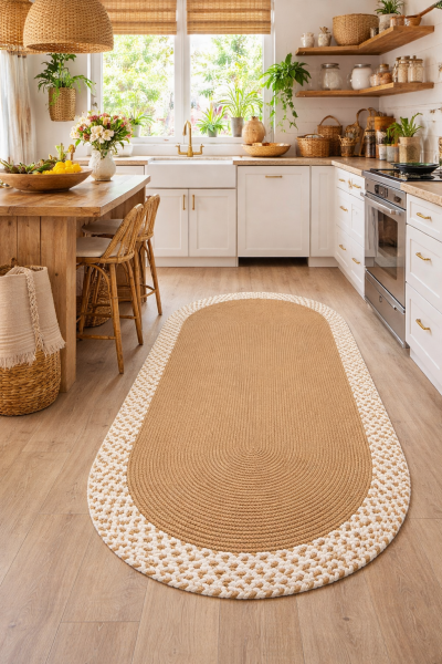 Rixo Jüt Kahverengi Krem Hasırlı Naturel Örgü Çift Taraflı Kilim Oval Halı Bohem Dekoratif Mutfak Balkon Banyo Halı