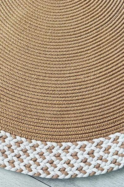 Rixo Jüt Kahverengi Krem Hasırlı Naturel Örgü Çift Taraflı Kilim Oval Halı Bohem Dekoratif Mutfak Balkon Banyo Halı