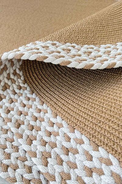 Rixo Jüt Kahverengi Krem Hasırlı Naturel Örgü Çift Taraflı Kilim Oval Halı Bohem Dekoratif Mutfak Balkon Banyo Halı