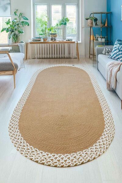 Rixo Jüt Kahverengi Krem Hasırlı Naturel Örgü Çift Taraflı Kilim Oval Halı Bohem Dekoratif Mutfak Balkon Banyo Halı