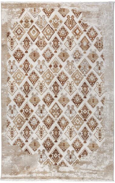 Lina Çift Taraflı %100 Pamuk Kilim Modern Yıkanabilir Şönil Kilim 015-E Bej Kahve Koridor Mutfak Salon Şönil Halı Çift Taraflı Yolluk