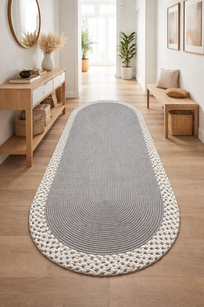 Rixo Jüt Gri Hasırlı Naturel Örgü Çift Taraflı Kilim Oval Halı Bohem Dekoratif Mutfak Balkon Banyo Halı