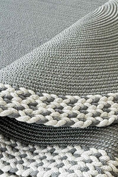 Rixo Jüt Gri Hasırlı Naturel Örgü Çift Taraflı Kilim Oval Halı Bohem Dekoratif Mutfak Balkon Banyo Halı