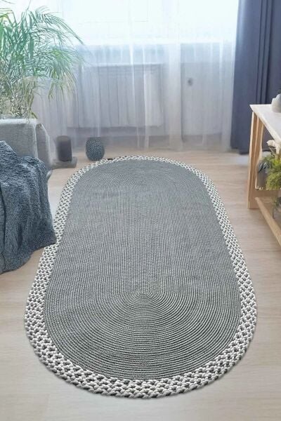 Rixo Jüt Gri Hasırlı Naturel Örgü Çift Taraflı Kilim Oval Halı Bohem Dekoratif Mutfak Balkon Banyo Halı