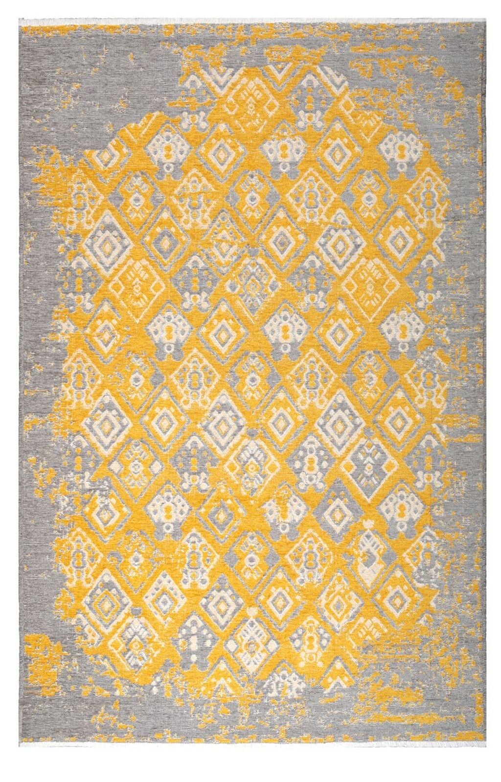 Lina Çift Taraflı %100 Pamuk Kilim Modern Yıkanabilir Şönil Kilim 015-F Gri Sarı Koridor Mutfak Salon Şönil Halı Çift Taraflı Yolluk
