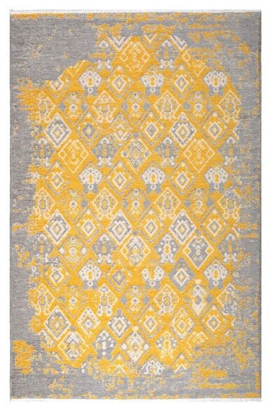 Lina Çift Taraflı %100 Pamuk Kilim Modern Yıkanabilir Şönil Kilim 015-F Gri Sarı Koridor Mutfak Salon Şönil Halı Çift Taraflı Yolluk