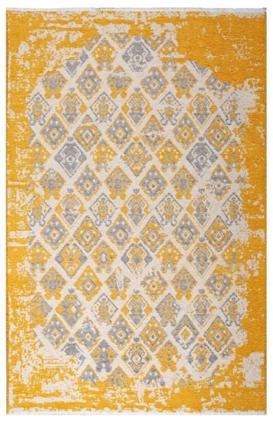 Lina Çift Taraflı %100 Pamuk Kilim Modern Yıkanabilir Şönil Kilim 015-F Gri Sarı Koridor Mutfak Salon Şönil Halı Çift Taraflı Yolluk