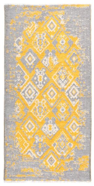 Lina Çift Taraflı %100 Pamuk Kilim Modern Yıkanabilir Şönil Kilim 015-F Gri Sarı Koridor Mutfak Salon Şönil Halı Çift Taraflı Yolluk