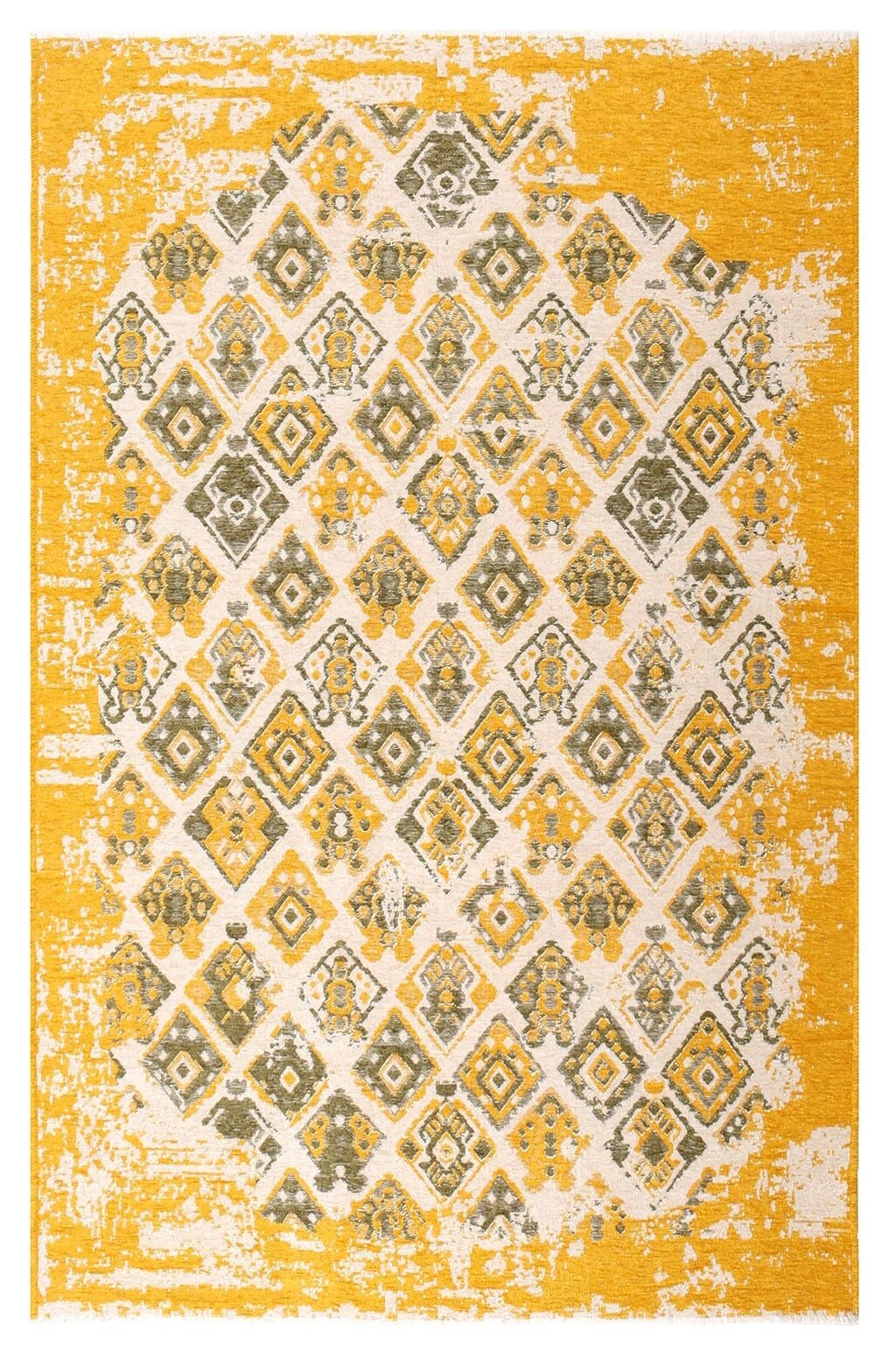 Lina Çift Taraflı %100 Pamuk Kilim Modern Yıkanabilir Şönil Kilim 015-G Yeşil Sarı Koridor Mutfak Salon Şönil Halı Çift Taraflı Yolluk