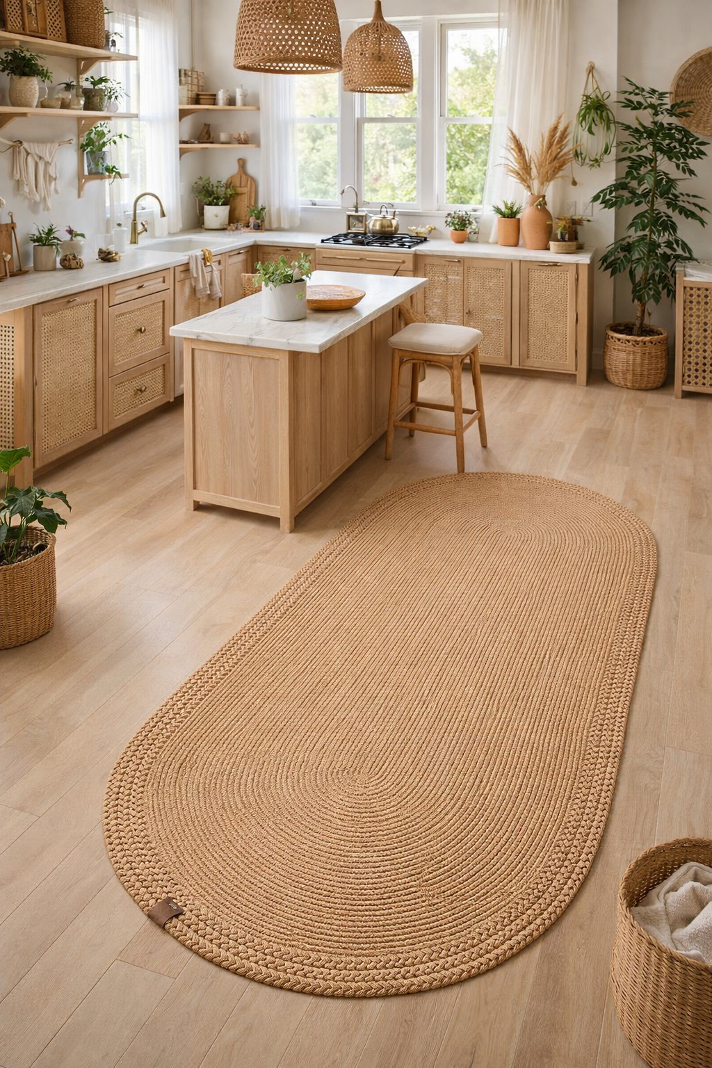 Rixo Jüt Kahverengi Hasırlı Naturel Örgü Çift Taraflı Kilim Oval Halı Bohem Dekoratif Mutfak Balkon Banyo Halı