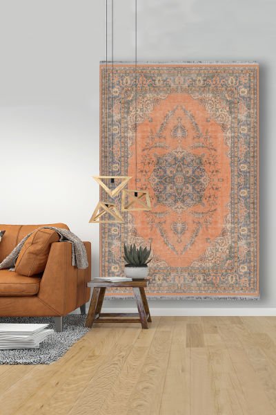 Drom Kaymaz Tabanlı Yıkanabilir Eskitme Desenli Salon Halısı