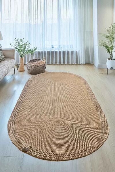 Rixo Jüt Kahverengi Hasırlı Naturel Örgü Çift Taraflı Kilim Oval Halı Bohem Dekoratif Mutfak Balkon Banyo Halı