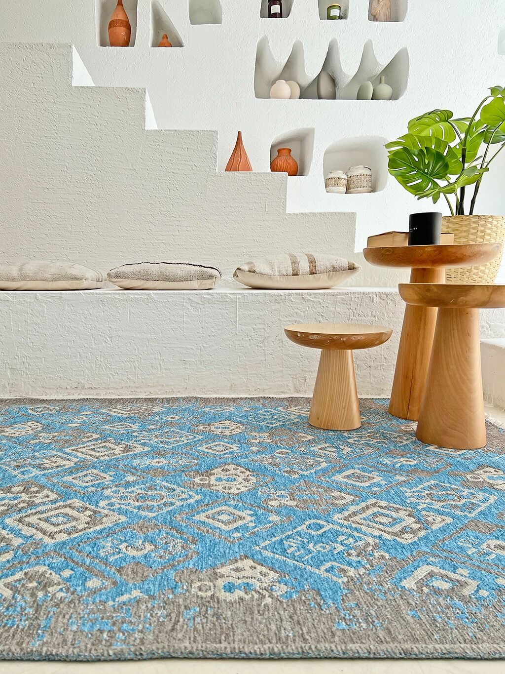 Lina Çift Taraflı %100 Pamuk Kilim Modern Yıkanabilir Şönil Kilim  015-H Gri Mavi Koridor Mutfak Salon Şönil Halı Çift Taraflı Yolluk