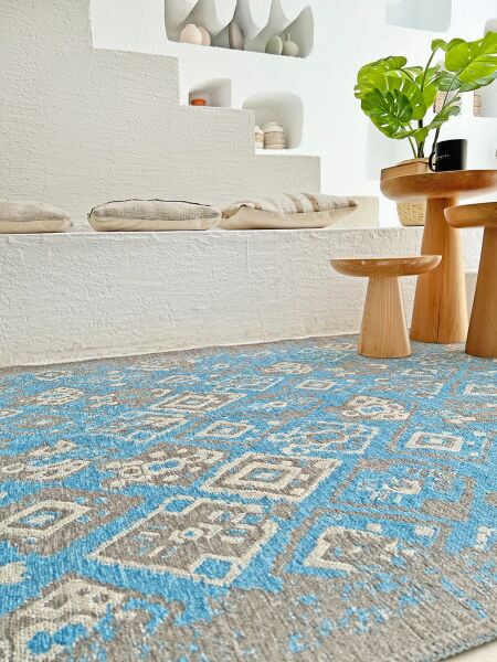 Lina Çift Taraflı %100 Pamuk Kilim Modern Yıkanabilir Şönil Kilim  015-H Gri Mavi Koridor Mutfak Salon Şönil Halı Çift Taraflı Yolluk