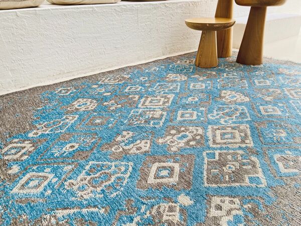 Lina Çift Taraflı %100 Pamuk Kilim Modern Yıkanabilir Şönil Kilim  015-H Gri Mavi Koridor Mutfak Salon Şönil Halı Çift Taraflı Yolluk