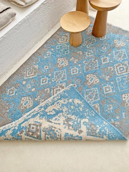 Lina Çift Taraflı %100 Pamuk Kilim Modern Yıkanabilir Şönil Kilim  015-H Gri Mavi Koridor Mutfak Salon Şönil Halı Çift Taraflı Yolluk