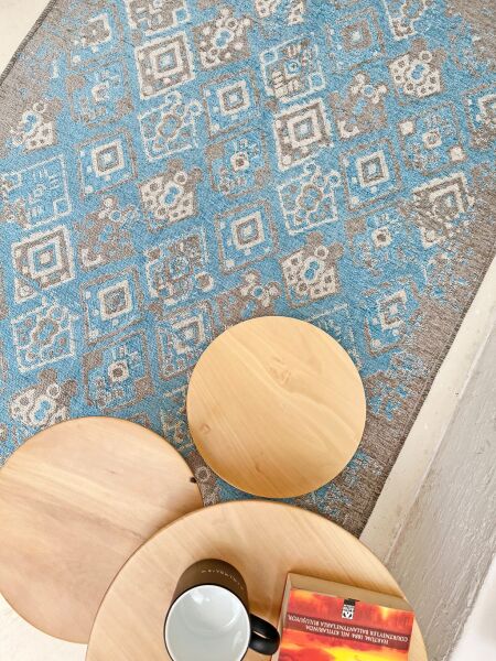 Lina Çift Taraflı %100 Pamuk Kilim Modern Yıkanabilir Şönil Kilim  015-H Gri Mavi Koridor Mutfak Salon Şönil Halı Çift Taraflı Yolluk