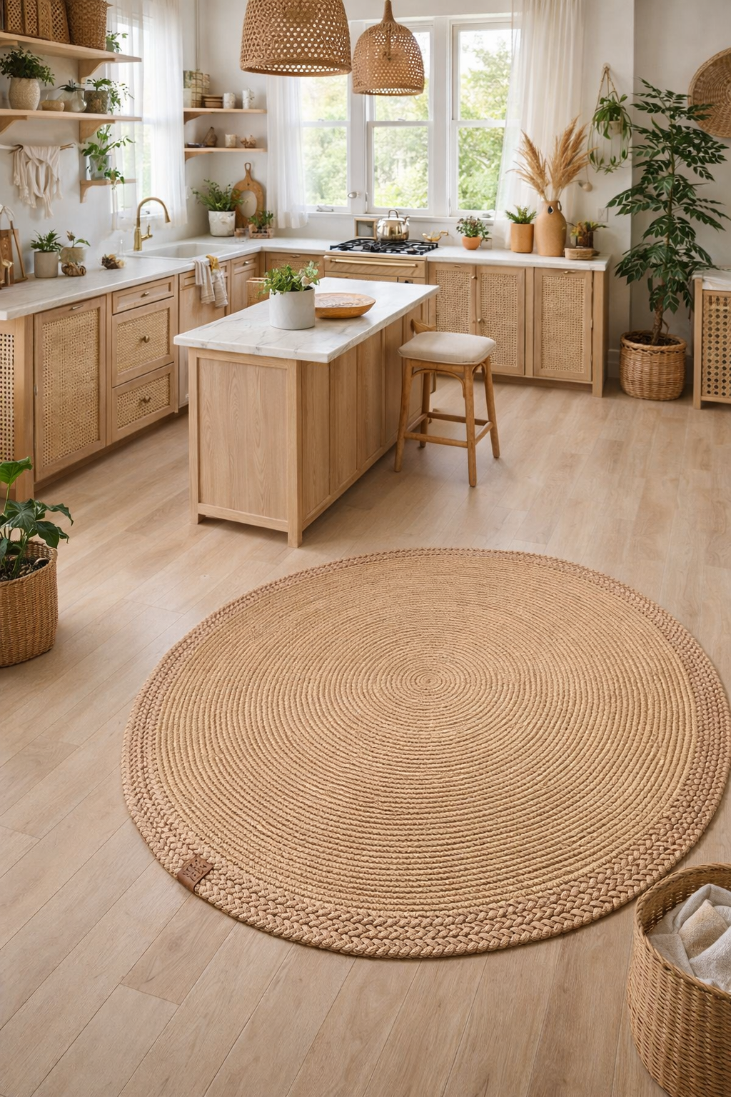 Rixo Jüt Kahverengi Hasırlı Naturel Örgü Çift Taraflı Kilim Yuvarlak Halı Bohem Dekoratif Mutfak Balkon Banyo Halı