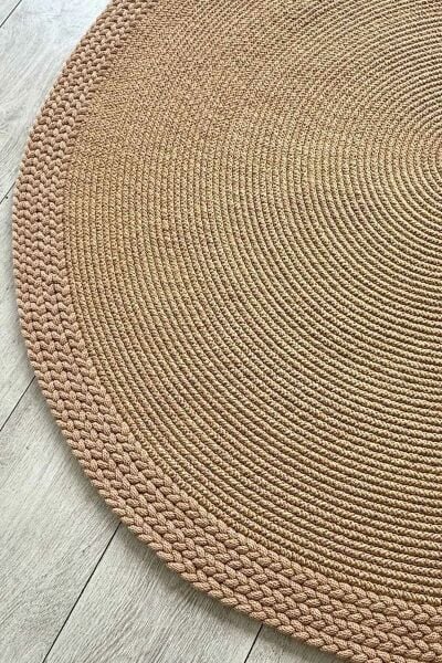 Rixo Jüt Kahverengi Hasırlı Naturel Örgü Çift Taraflı Kilim Yuvarlak Halı Bohem Dekoratif Mutfak Balkon Banyo Halı