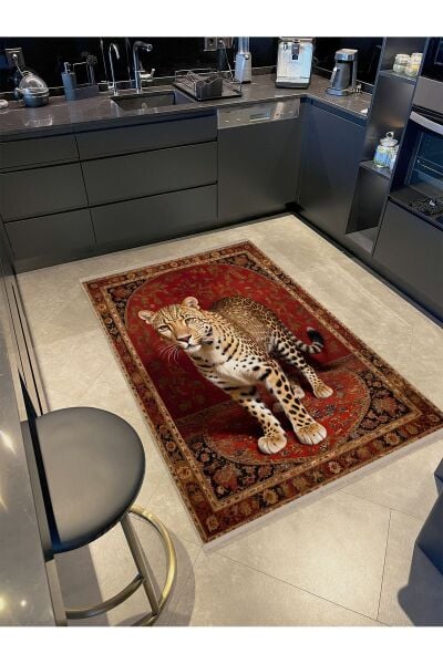 Drom Dokuma Taban Makinede Yıkanabilen Kilim Kaymaz Şönil Halı Geleneksel Desenli Leopar Figürlü