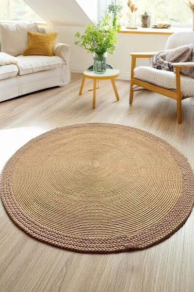 Rixo Jüt Kahverengi Hasırlı Naturel Örgü Çift Taraflı Kilim Yuvarlak Halı Bohem Dekoratif Mutfak Balkon Banyo Halı