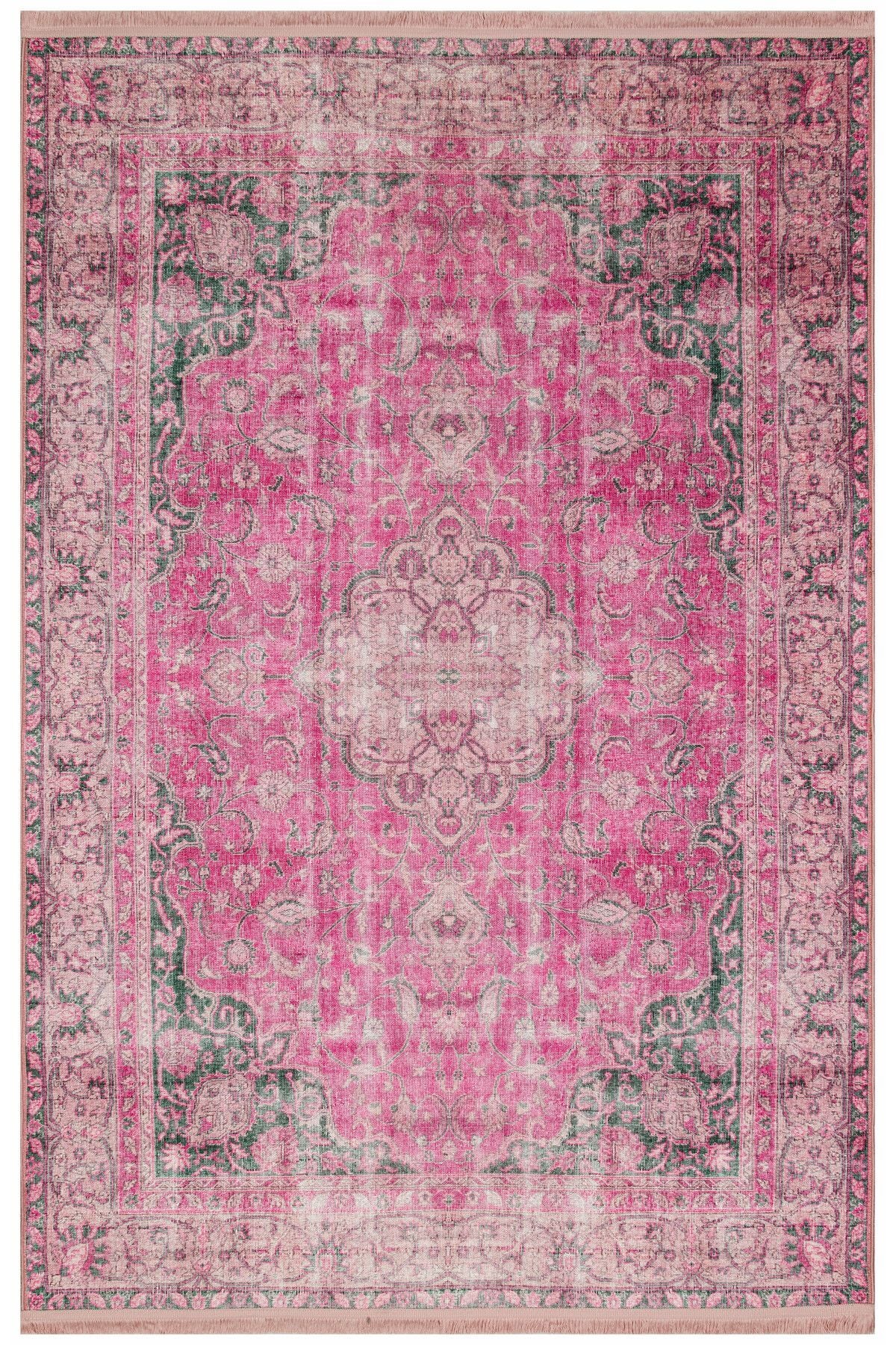 Drom Dokuma Taban Makinede Yıkanabilen Kilim Kaymaz Şönil Halı Vintage Desenli Pembe Halı