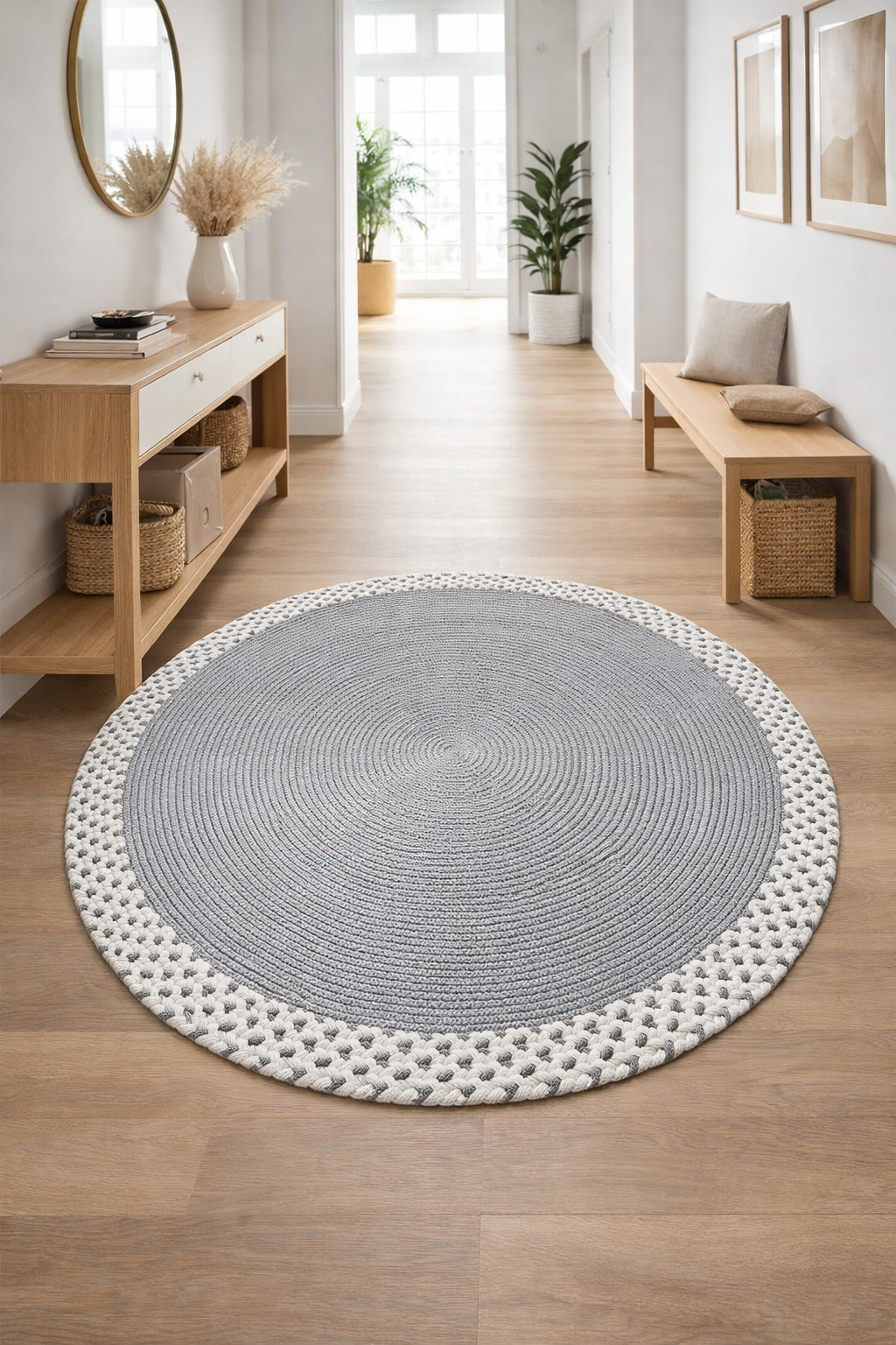 Rixo Jüt Gri Hasırlı Naturel Örgü Çift Taraflı Kilim Yuvarlak Halı Bohem Dekoratif Mutfak Balkon Banyo Halı