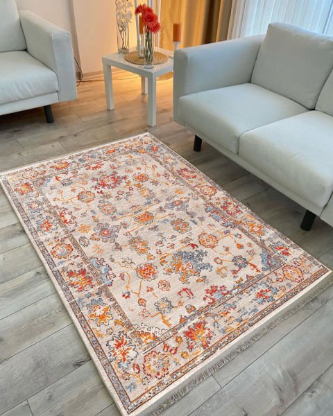 Drom Kaymaz Tabanlı Yıkanabilir Bej Modern Salon Oturma Odası Halısı