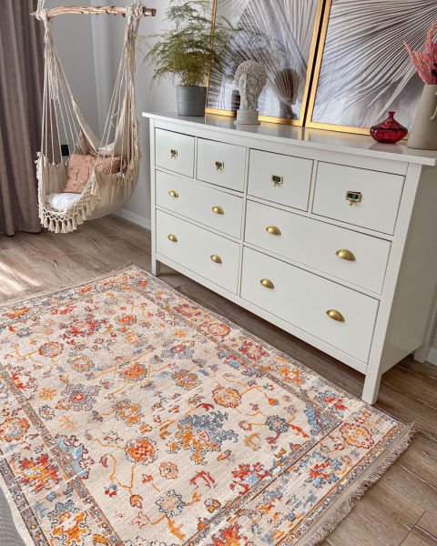 Drom Kaymaz Tabanlı Yıkanabilir Bej Modern Salon Oturma Odası Halısı