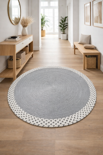 Rixo Jüt Gri Hasırlı Naturel Örgü Çift Taraflı Kilim Yuvarlak Halı Bohem Dekoratif Mutfak Balkon Banyo Halı