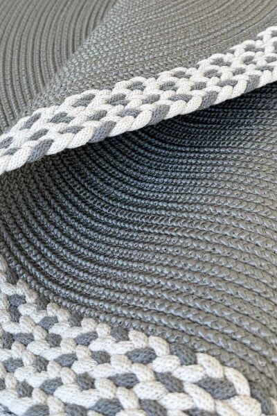 Rixo Jüt Gri Hasırlı Naturel Örgü Çift Taraflı Kilim Yuvarlak Halı Bohem Dekoratif Mutfak Balkon Banyo Halı