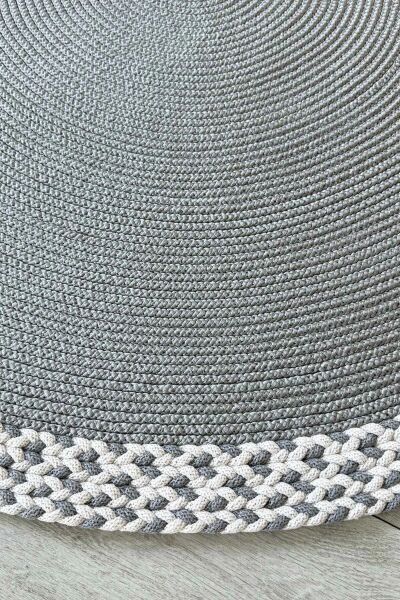 Rixo Jüt Gri Hasırlı Naturel Örgü Çift Taraflı Kilim Yuvarlak Halı Bohem Dekoratif Mutfak Balkon Banyo Halı