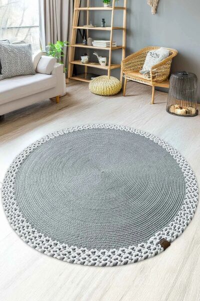 Rixo Jüt Gri Hasırlı Naturel Örgü Çift Taraflı Kilim Yuvarlak Halı Bohem Dekoratif Mutfak Balkon Banyo Halı