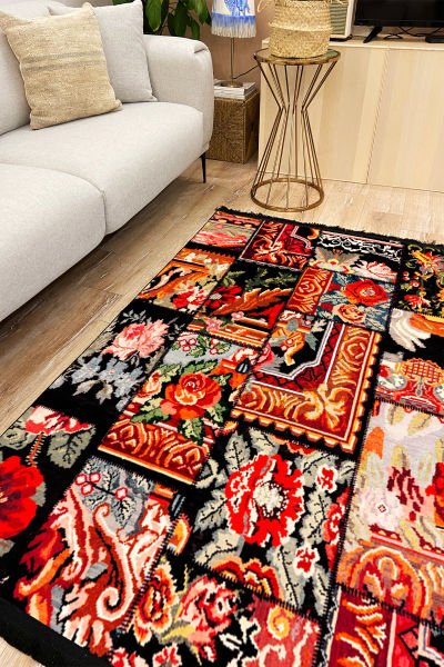 Drom Kaymaz Tabanlı Yıkanabilir Siyah Patchwork Desenli Halı