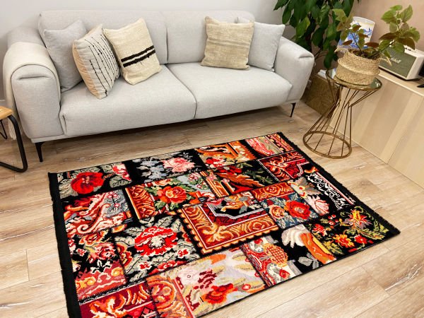 Drom Kaymaz Tabanlı Yıkanabilir Siyah Patchwork Desenli Halı