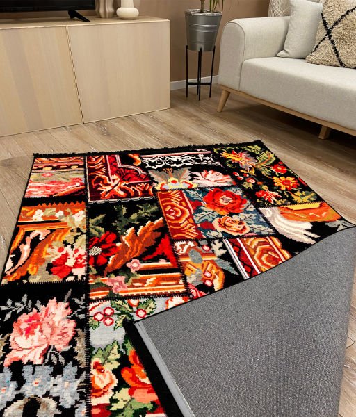 Drom Kaymaz Tabanlı Yıkanabilir Siyah Patchwork Desenli Halı