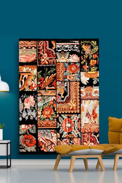 Drom Kaymaz Tabanlı Yıkanabilir Siyah Patchwork Desenli Halı