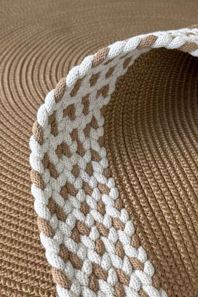 Rixo Jüt Kahverengi Hasırlı Naturel Örgü Çift Taraflı Kilim Yuvarlak Halı Bohem Dekoratif Mutfak Balkon Banyo Halı