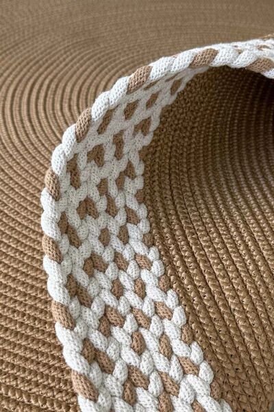 Rixo Jüt Kahverengi Hasırlı Naturel Örgü Çift Taraflı Kilim Yuvarlak Halı Bohem Dekoratif Mutfak Balkon Banyo Halı