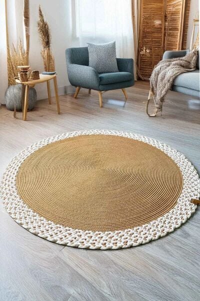 Rixo Jüt Kahverengi Hasırlı Naturel Örgü Çift Taraflı Kilim Yuvarlak Halı Bohem Dekoratif Mutfak Balkon Banyo Halı