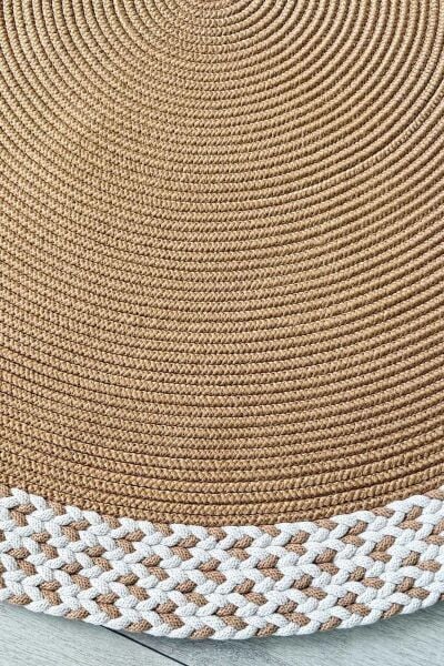 Rixo Jüt Kahverengi Hasırlı Naturel Örgü Çift Taraflı Kilim Yuvarlak Halı Bohem Dekoratif Mutfak Balkon Banyo Halı