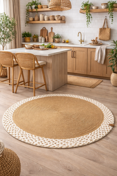 Rixo Jüt Kahverengi Hasırlı Naturel Örgü Çift Taraflı Kilim Yuvarlak Halı Bohem Dekoratif Mutfak Balkon Banyo Halı