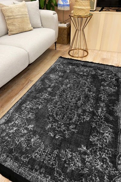 Drom Kaymaz Tabanlı Yıkanabilir Gri Modern Dokuma Halı