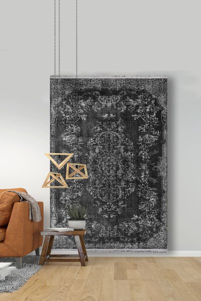 Drom Kaymaz Tabanlı Yıkanabilir Gri Modern Dokuma Halı