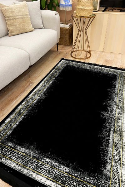 Drom Kaymaz Tabanlı Yıkanabilir Siyah Çerçeveli Modern Halı