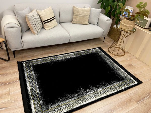 Drom Kaymaz Tabanlı Yıkanabilir Siyah Çerçeveli Modern Halı