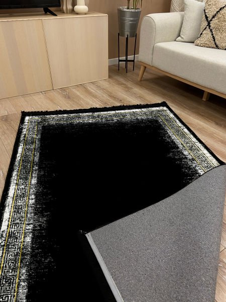 Drom Kaymaz Tabanlı Yıkanabilir Siyah Çerçeveli Modern Halı