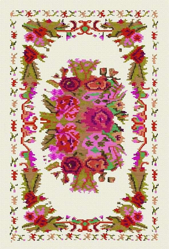 Drom Kaymaz Tabanlı Yıkanabilir Beyaz Karabağ Çiçekli Klasik Halı